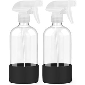 Worldgsb 2 Pack Glass Spray Bottles with Silicone Sleeve, 16 oz Empty Refillable Containers with Adjustable Spray Nozzles, Spray Bottles for Hair, Cleaning Solutions and Plants Black