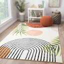 RoomTalks Mid Century Modern Washable Rug, Boho Cute Aesthetic 5x7 Area Rugs for Bedroom Dining Living Room Kitchen, Abstract Tropical Leaves Non Slip Thin Indoor Entryway Rug Accent Floor Carpet (Terracotta and Black)