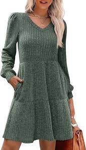 Womens Square Neck Long Sleeve Fall Dresses Casual Babydoll Sweater Dress Green XL