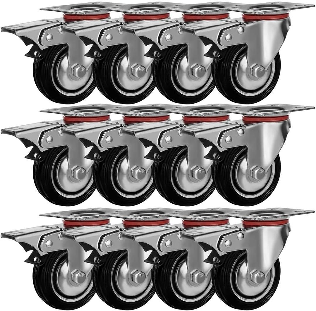 12 Pack 3" Swivel Caster Wheels with Double Brake Non Skid No Mark With Brake