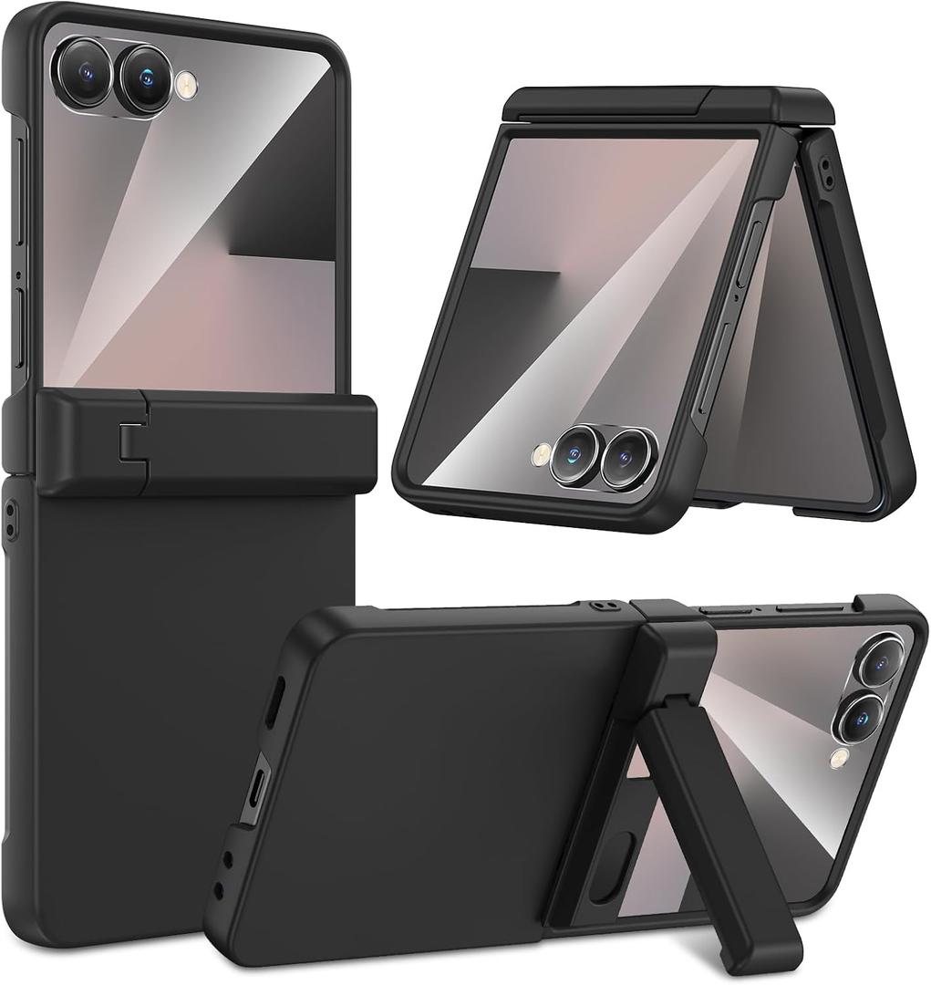 Maxdara for Z Flip 7 Case, Galaxy Z Flip 7 Case with Hinge Protection & Hidden Foldable Kickstand & Built-in Screen Protector, Support Wireless Charging Shockproof Phone Cover, Black