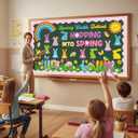 Capoda Spring Easter Bulletin Board Decorations Set - 3D Rainbow Hopping into Spring Classroom Decorations, Easter Bunny Egg Cutouts, Borders for Bulletin Boards Wall Door Chalkboard Office Supplies