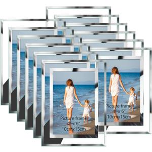 Hoikwo Bulk 4x6 Picture Frames, 12 Packs Silver Photo Frames 4 by 6, Glass Wedding Frames 4x6, Clear Mirror Wedding Photo Frames, Only for Tabletop Display Vertically or Horizontally