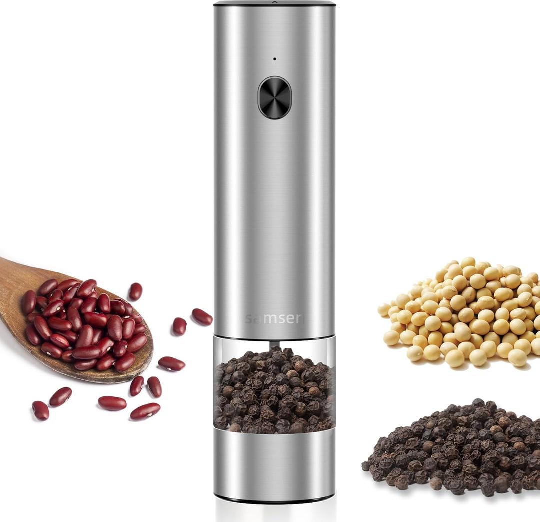 Electric Pepper Grinder & Salt Mill - Battery Operated Stainless Steel Body with Transparent Container LED Light One-Hand Operation Push-Button Switch Adjustable Coarseness Easy Refill & Clean (Silver + single grinder)