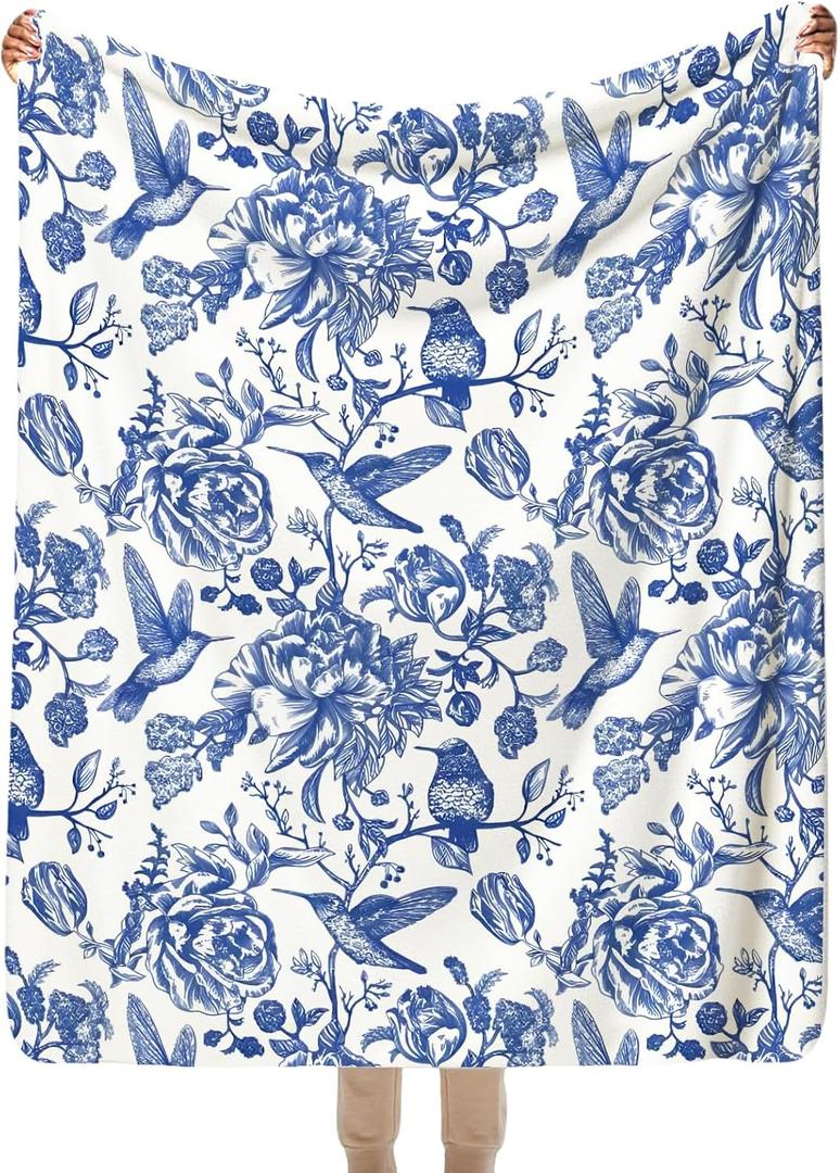 SPBL&L Vintage Blue and White Chinoiserie Floral Blanket, Grandmillennial Floral Bird Botanical Throw Blanket for Bed Couch Bedroom Living Room, Grandmillennial Home Decor, Chinoiserie Decor