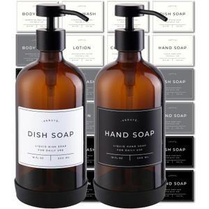 Hand and Dish Soap Dispenser for Kitchen and Bathroom, Set of 2 16 Oz Glass Bottles, Stainless Steel Pumps, Non-Slip Silicone Base, 27 Waterproof Labels (Amber Bottle/Black Pump)