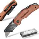 WORKPRO Folding Utility Knife with Stainless Steel Head, Quick-change Blade & Back Lock, Wood Handle Heavy Duty Box Cutter, 1PC Razor Knife with Extra 10PC SK5 Blades