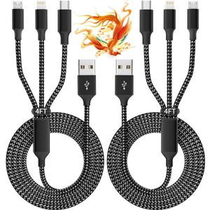 IDISON Multi Charging Cable(2Pack 4FT), 3 in 1 USB Charging Cable for Multiple Devices, Braided Universal Phone Charger Cord with TypeC, Micro USB, IP Port for iPhone17/16/14/Android Phones and More