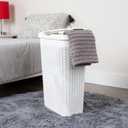 Mind Reader Slim Laundry Hamper with Lid, 40L Clothes Basket, Narrow Tapered Design with Ventilated Cutout Pattern, Plastic, White, Single