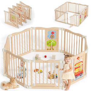 Foldable Wooden Playpen - Adjustable Wood Baby Play Yard with Child-Proof Lock, Indoor Large Safety Fence for Babies and Toddlers - Easy Assembly, 55 x 55 x 24 inches, Animal Bus, Natural