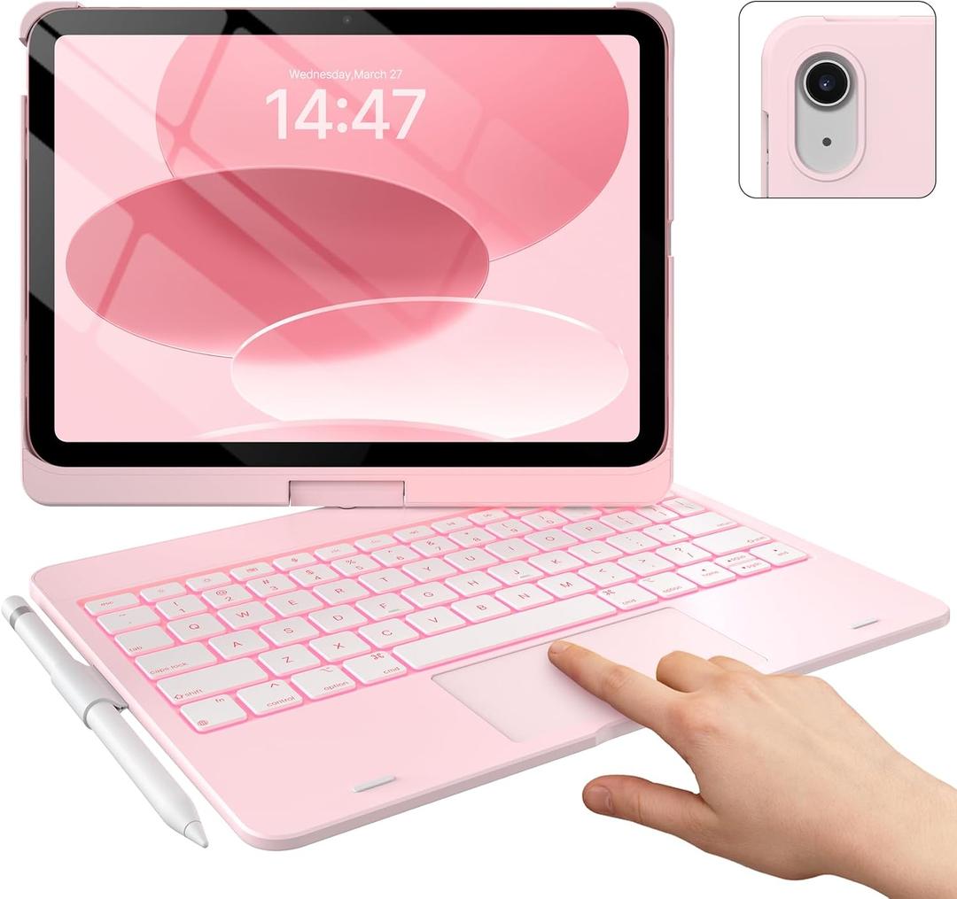 typecase Touch iPad 11th 10th Generation Case with Keyboard (11" 2025, A16 & 10.9" 2022) 360 Rotatable, 11-Color Backlit, Multi-Touch Trackpad, Pencil Holder, Thin & Light Light Pink