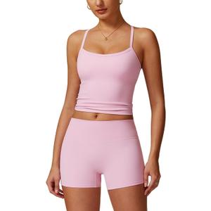 ABOCIW 2 Pieces Workout Sets for Women, Cross Back Tank Top Matching High Waist Biker Shorts, Gym Yoga Pilates Outfits (Pink, M)