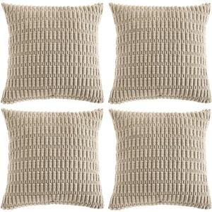 Fancy Homi 4 Packs Taupe Decorative Throw Pillow Covers 16x16 Inch for Living Room Couch Bed, Rustic Modern Farmhouse Boho Home Decor, Soft Plush Corduroy Cute Square Accent Cushion Case 40x40 cm (16" x 16" (Pack of 4))