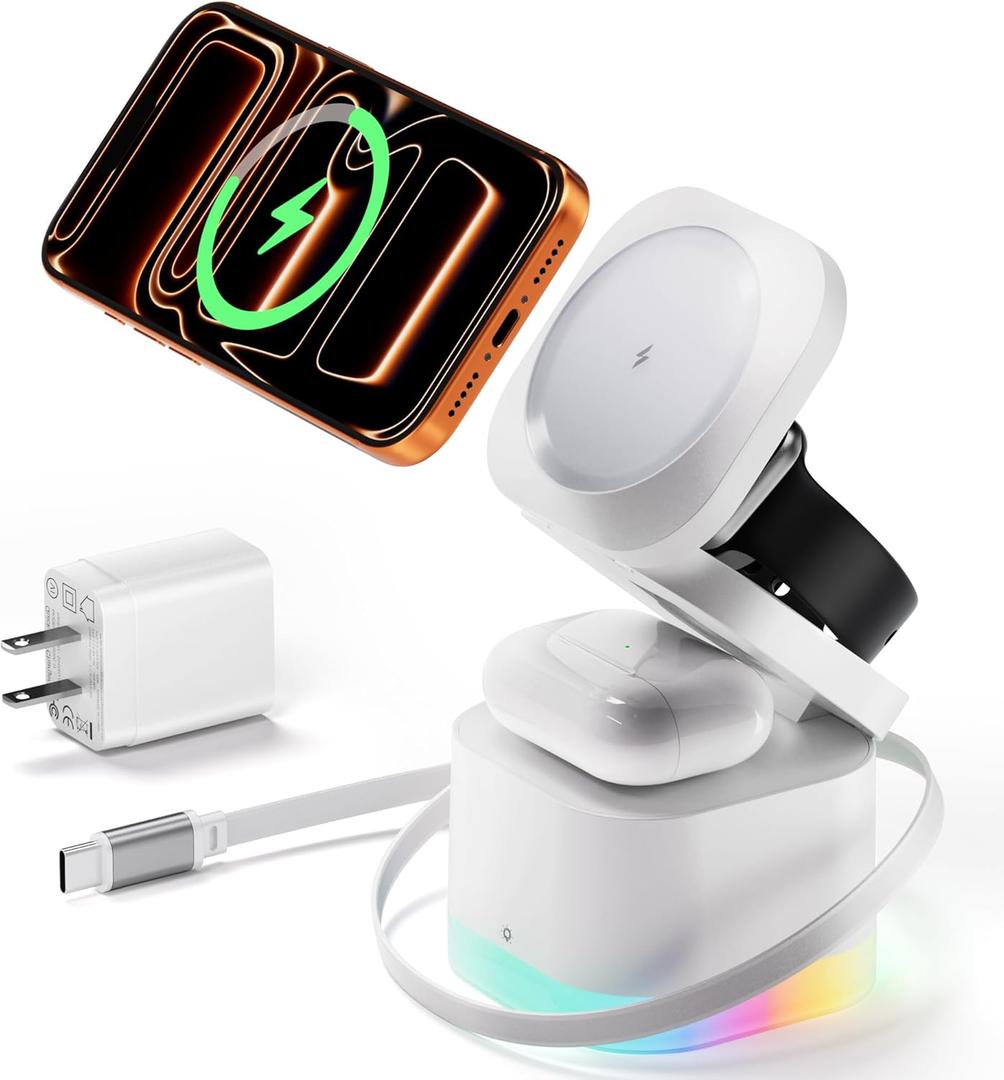 5 in 1 Wireless Charger, Foldable Wireless Charging Station with Night Light for Apple Magnetic Charger, Retractable Cable Fast Charger Stand for iPhone 17/16/15/14/13/12, Apple Watch, AirPods Pro 3 (White)