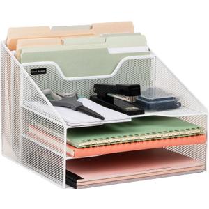 Mind Reader Metal Mesh Desktop File Organizer, 3-Tier Paper Tray with 5 Compartments, Office Mail Sorter, White