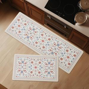 FRESHMINT Anti Fatigue Kitchen Mats for Floor 2 Piece Set, Waterproof & Non-Skid Vintage Floarl Kitchen Rugs, Cushioned Kitchen Mat for Standing Washable Comfort Desk Kitchen Runners, 17x30''+17x47'' (Floral - Beige)