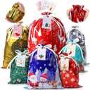 PARTTELY 36pcs Drawstrings Christmas Gift Bags Assorted Sizes, Holiday Gift Bag with Tags Bulk Christmas Bag For Gifts Wrapping, Reusable Aluminum Foil Xmas Presents Party Favor Goody Jumbo Bags