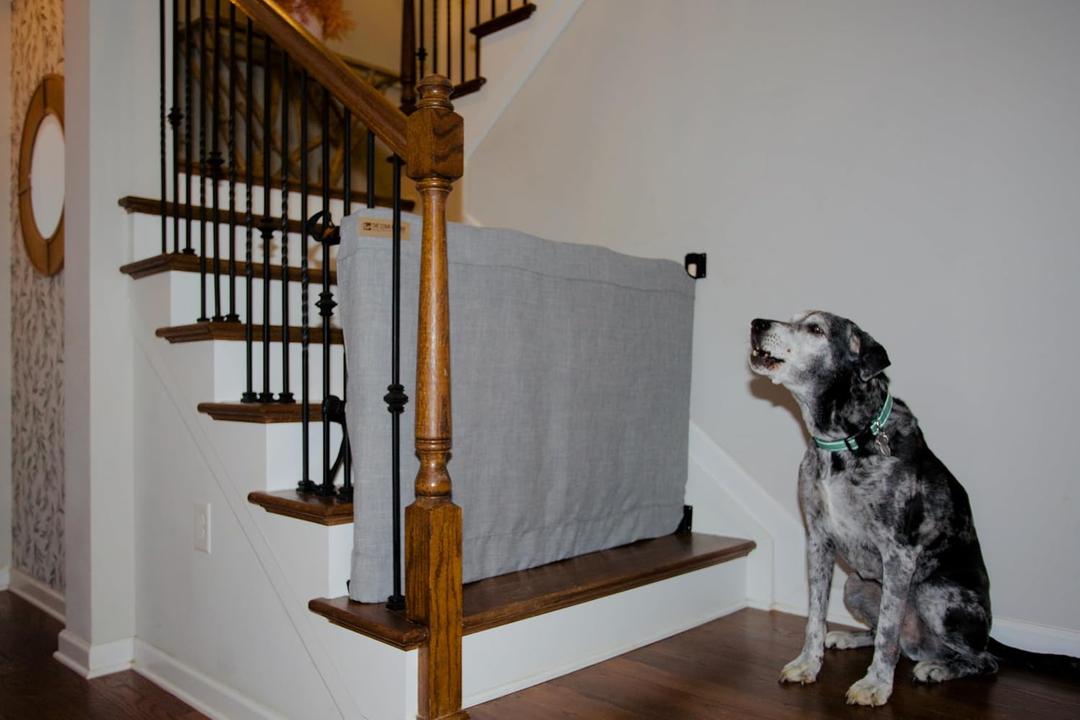 The Stair Barrier First Fabric Wall to Banister Baby Gate for Stairs 43”–52” Wide x 32” Tall – Dog Gate for Stairs, for Top or Bottom Staircase, Machine-Washable, Climb Proof, Designed in USA – Grey