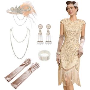 1920s Dresses for Women, Roaring 20s Great Gatsby Flapper Dresses Fringed Sequin Vintage Dress with Accessories Set XX