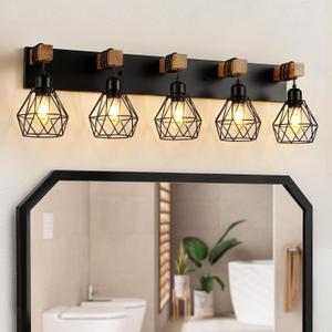Farmhouse Bathroom Vanity Light Fixtures, 5-Light Wood Bathroom Light Fixtures Over Mirror, Rustic Sconces Wall Lighting with Elegant Metal Lampshade for Living Room, Bedroom, Hallway (5 Lights, Black)