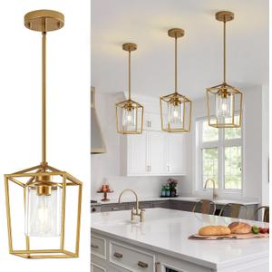 3 Pack Gold Pendant Lights, Modern Farmhouse Kitchen Pendant Lighting Over Island, Metal Cage Hanging Lights with Clear Glass Shade for Kitchen Island, Dining Room, Entryway, Hallway