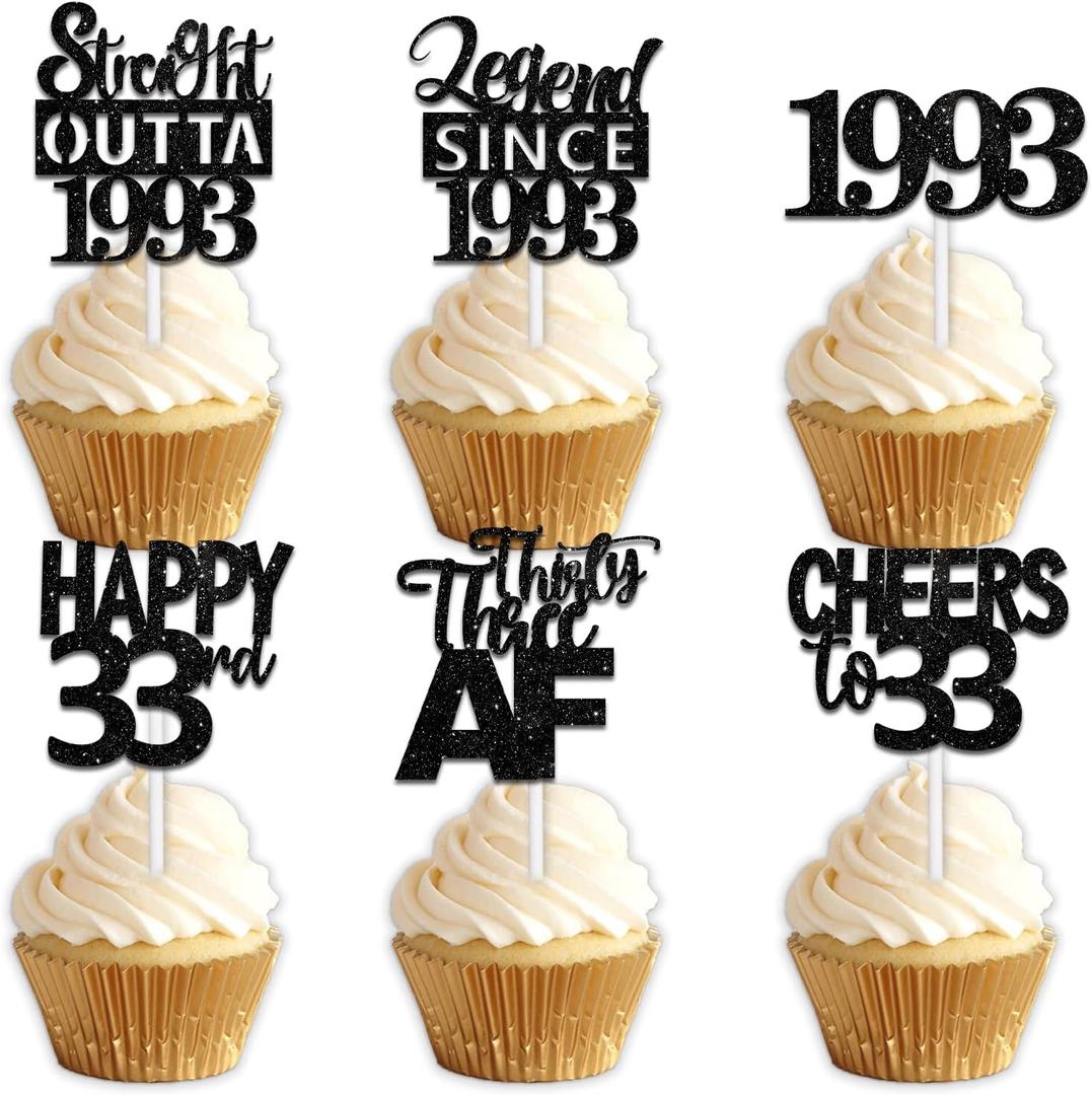 30pcs Black Glitter Dessert Cupcake Pick for Straight Outta 1993 Legend Since 1993 Theme Decor Supplies Men Boys Happy 33rd Birthday Party Decoration