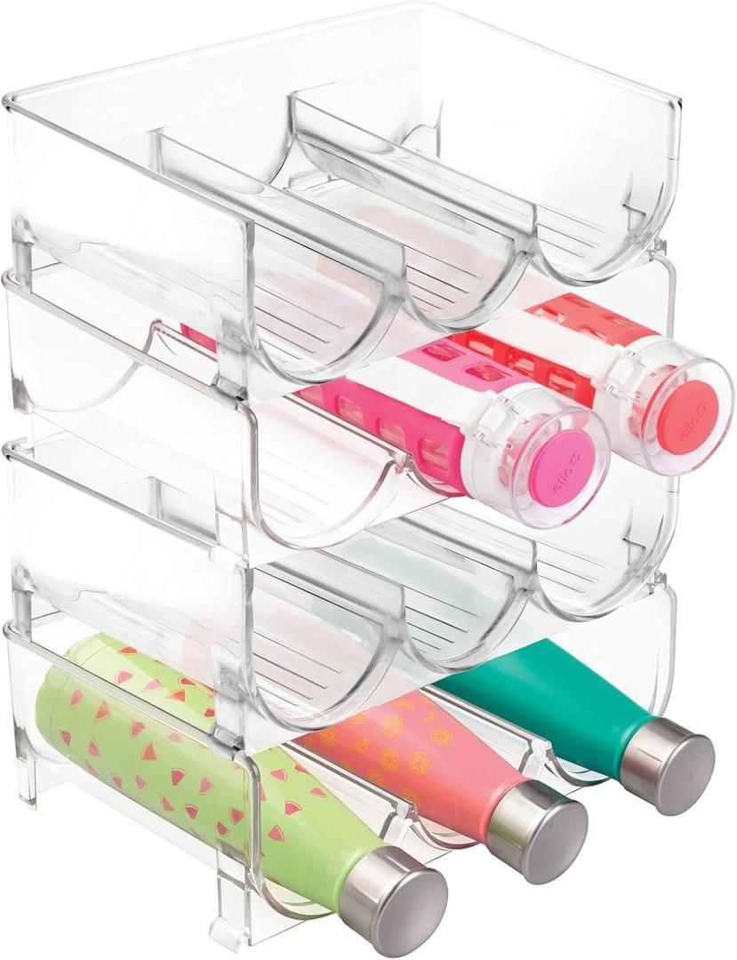 mDesign Plastic Free-Standing Stackable 3 Bottle Storage Holder Rack - Water, Wine, and Drink Organizer Shelf for Kitchen Countertop, Cabinet, Pantry, Fridge, Freezer, 4 Pack - Clear