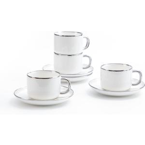 Tea Cups and Saucers with Silver Trim, 6.76 Ounce White Porcelain Tea Set & Coffee Cups for Latte, Cafe Mocha - Set of 4, Porcelain Mugs for Kitchen or Cafe (White and Silver) Tea Cups and Saucers with Silver Trim, 6.76 Ounce White Porcelain Tea Set & Coffee Cups for Latte, Cafe Mocha - Set of 4, Porcelain Mugs for Kitchen or Cafe (White and Silver)