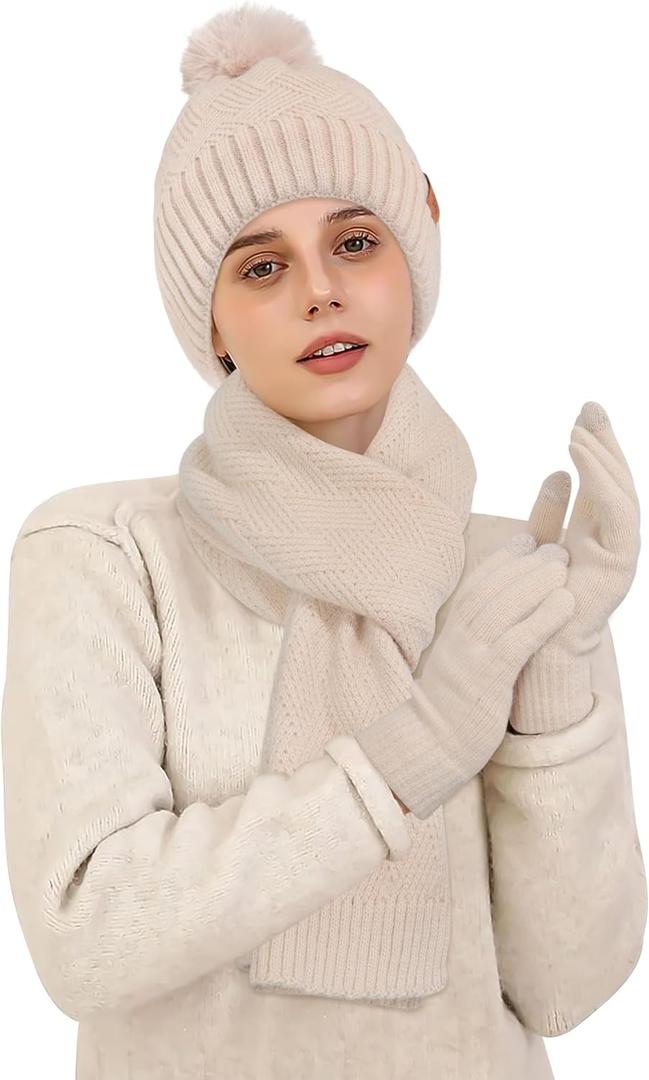 Winter Beanie Hat Scarf Gloves Set for Women Fleece Lined Knit Pom Pom Beanie Neck Scarf Touchscreen Gloves Gift Set (Beige)