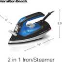 Hamilton Beach 2-in-1 Steam Iron for Clothes and Garment Steamer with 5 Temperature Settings, Nonstick Soleplate, 1200 Watts, 8 Cord, Black & Blue (14525F)