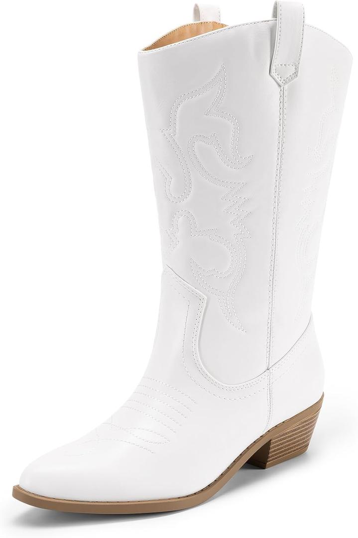 DREAM PAIRS Women's Cowboy Boots Pull On Cowgirl Boots Mid Calf Western Boots,  (7.5, White)