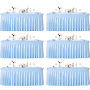 6 Pack 8ft Baby Blue Spandex Table Cloths for Rectangle Tables Wrinkle Free Rectangle Tablecloths, Stretch Fitted Table Cover with Skirt for Baby Shower Boy Birthday Party Wedding Banquet Buffet