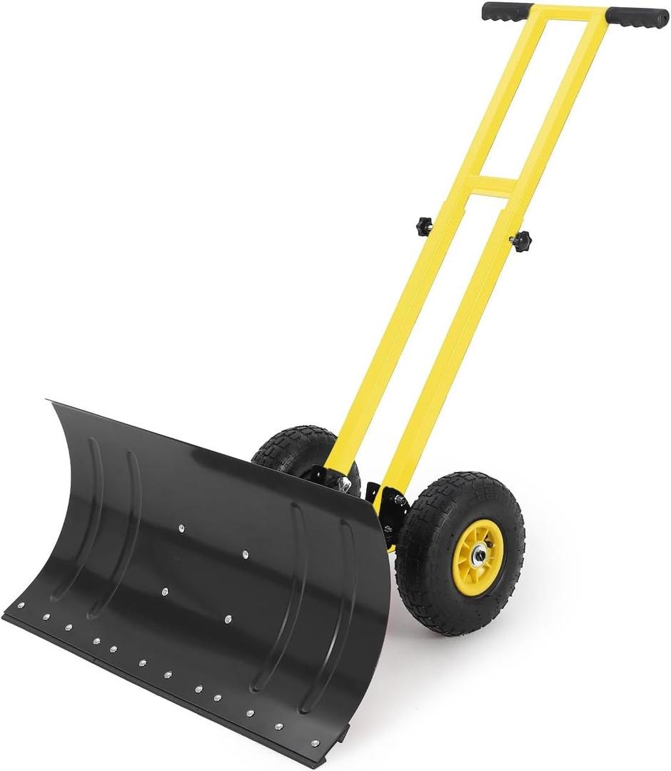 Snow Shovel with Wheels, 29W x 14H Back Saver Snow Pusher with Adjustable Double Rod, Rubber Wheels, Heavy-Duty Metal Plow Blade, 5-Position Adjustment for Driveway & Sidewalk, Black & Yellow