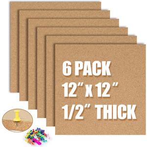 AKTOP Cork Board Bulletin Board 12x12, 1/2" Thick Cork Board Tiles 6 Pack, Small Square Pin Board for Wall, Self Adhesive Corkboards with 60 Push Pin Wood Clips for School, Home & Office