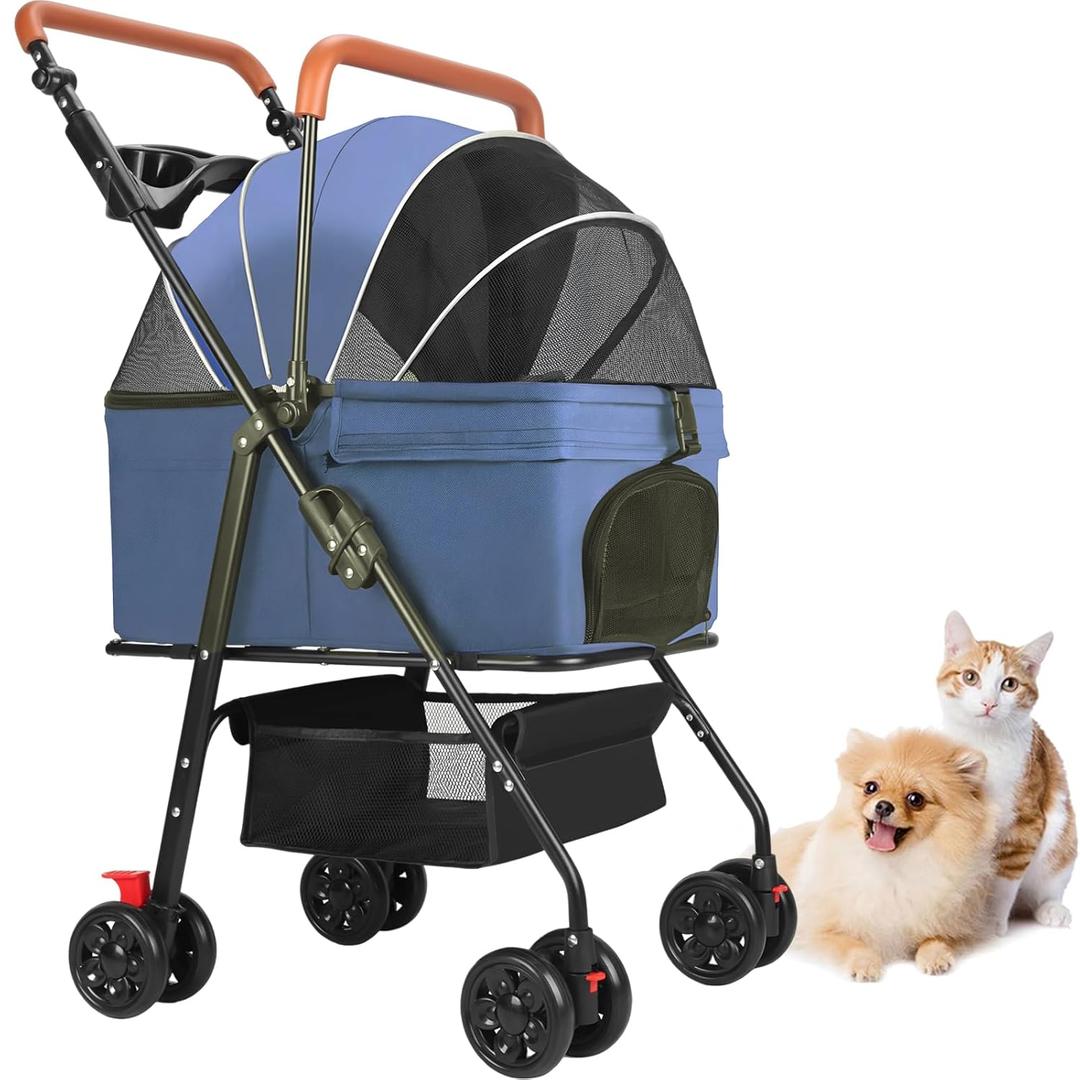Pet Stroller for Medium Small Dogs/Cats - 4 Wheels Foldable Dog Stroller with Storage Basket,Dog/Cat Carrier,Adjustable Handle,Folding Puppy Carrier Suitable for Traveling with Cats and Dogs (Blue)