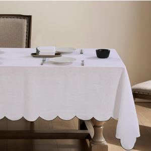 100% Pure Linen Scalloped Embroidery Rectangle Tablecloths 108Lx60W Inch for Dinners, Parties, Spring, Machine Washable, 8-10 Sets, White(Edges-Green)