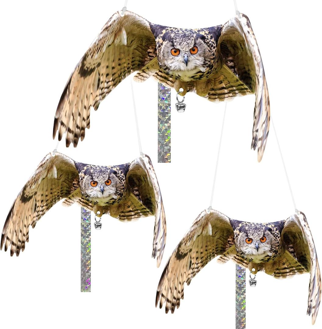 2 x Owls to Keep Birds Away: 3Pcs Fake Owls with Reflective Tape for Garden Patio, Bird Scare Reflective Hanging Decoration to Keep Birds Pigeon from Windows Tree Garden