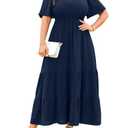 RWJ Plus Size Dresses for Curvy Women, Women's Navy Blue Wedding Guest Dress Summer Short Sleeve Square Neck Smocked High Waist Cocktail Party Flowy Maxi Dresses L