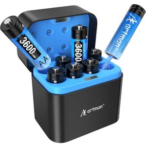 A Artman 8 Pack 3600mWh Rechargeable Lithium AA Batteries with Charger for Blink Outdoor Camera, 1.5V Constant Output Double A Battery Rechargeable, 2000 Cycle Charging Time (Blue)