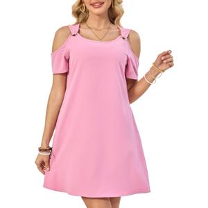 Summer Women's Casual Dress with Thin Straps Off-The-Shoulder Short Sleeves Flowing Beach Resort A-Line Dress (Pink, L)