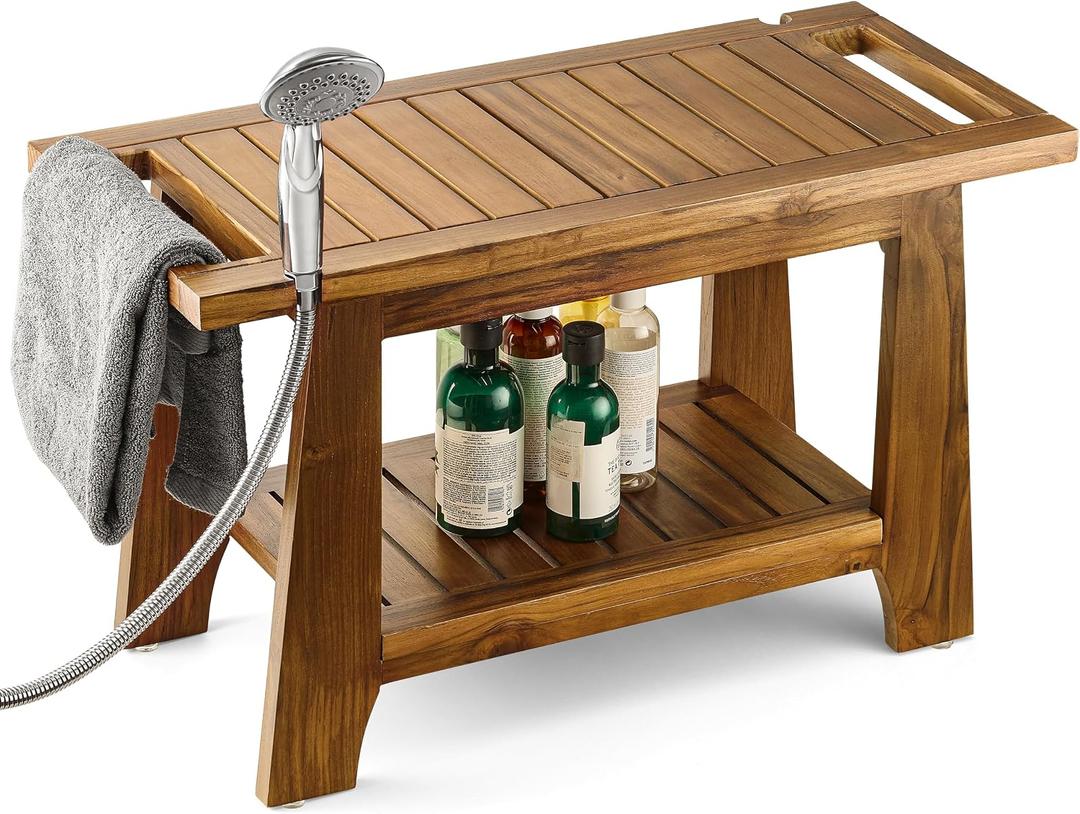 TINAMO 28" Solid Teak Shower Bench for Inside Shower with Storage Shelf | Solid Teak Wood, 375 LBS Capacity, Slatted Design, Built-in Storage Shelf & Handles, Non-Slip, Water-Resistant, Versatile