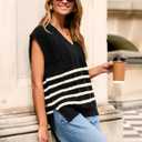 Glamaker Women Summer Striped Sweater Vest Sleeveless V Neck Knit Oversized Casual Cap Sleeve Spring Tops Trendy (L)