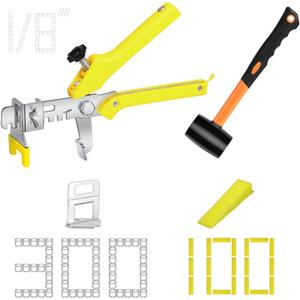 Storystore Tile Leveling System with Tile Pliers and Hammer - 300 Piece Tile Spacers Clips and 100 Piece Reusable Wedges, 1/8 Inch Tile Installation Tools Kit
