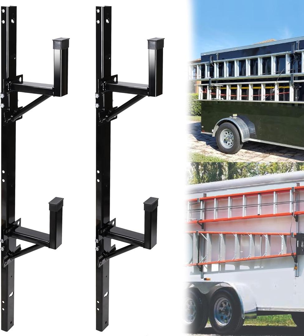 JY PERFORMANCE Side Mount Ladder Rack For Trailer, Adjustable Heavy Duty Steel Ladder Rack for Open/Enclosed Trailer Exterior Wall, 2 Ladders 300 LBS Capacity