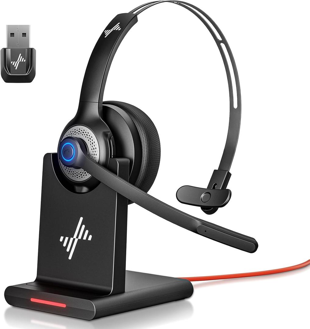 Bluetooth Headset - Wireless Headset with Noise Cancelling Microphone, V5.2 Computer Headphones with USB Dongle, Charging Base & Mic Mute for Work/Call Center/PC/Laptop/Online Class/Zoom (Black)
