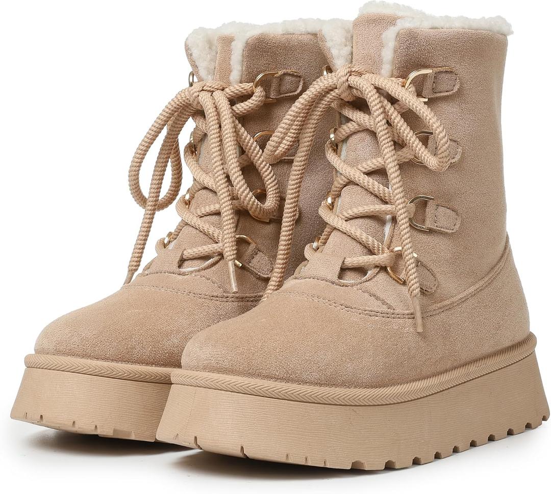 Celbreez Snow Boots Platform Boots Winter Boots for Women Mid Calf Lace up Women's Boot Cozy Boots Fleece Lined Boots Trending Shoes for Womens Warm Faux Fur Shoes (Size 7, Apricot)