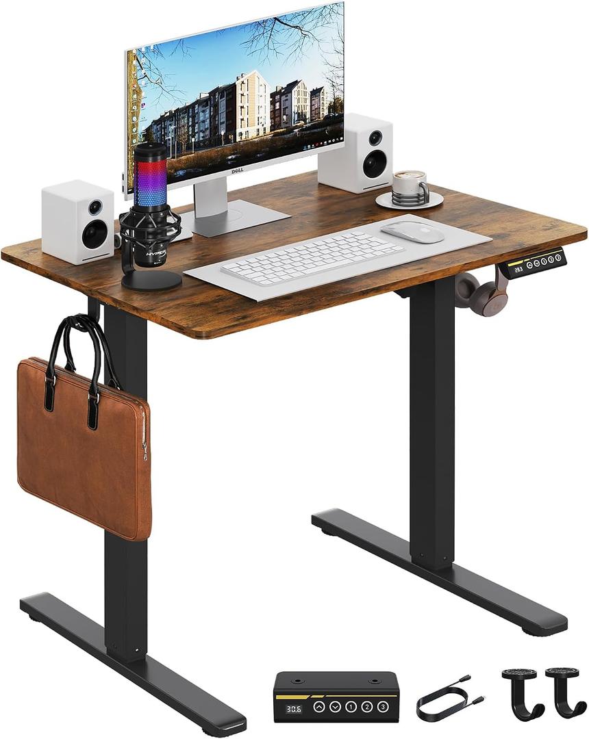 Electric Standing Desk,32x24 Inches Adjustable Height Stand up Desk, Sit Stand Home Office Desk with Splice Board, 3 Preset Heights,Equipped with Hooks,Ergonomic Computer Desk WorkstationBrown