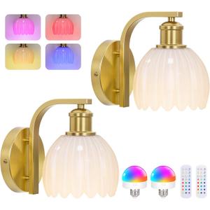 Rechargeable Battery Operated Wall Sconce Set of Two with Milky White Glass Lampshade, Wireless Wall Scone Decor with Remote Control, 15 Colors Gold Wall Light for Bedside Hallway Bedroom Doorway (2-Pack)