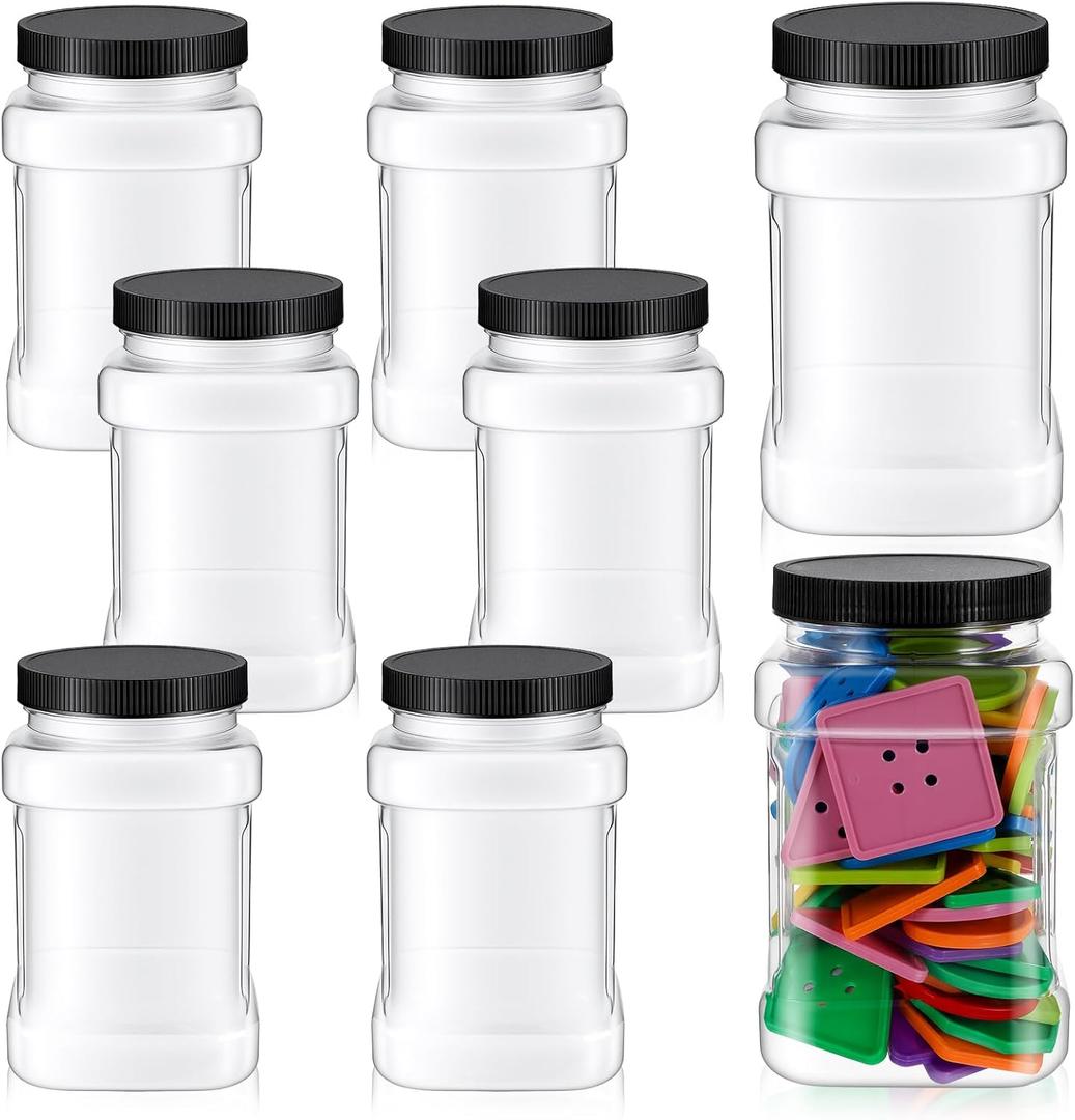 Kifmurase 8Pcs Square Clear Plastic Jars with Pinch Handle, Plastic Storage Jars with Screw-on Lids, 37 OZ Reusable Wide Mouth Canisters for Dry Goods, Cookies, Candy