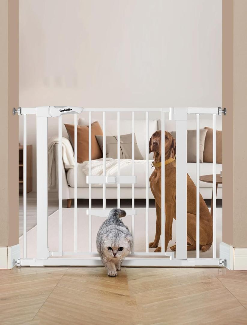 BABELIO New Version Baby Gate with Cat Door Adjustable,29-40" Metal Pet Door for Stairs & Doorways,Pressure Mounted,No Tools Needed,White